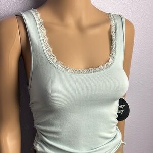 Sexy Planet Heart Youthful Lace Trim Mint Tank Top Tee ribbing and ruched sides